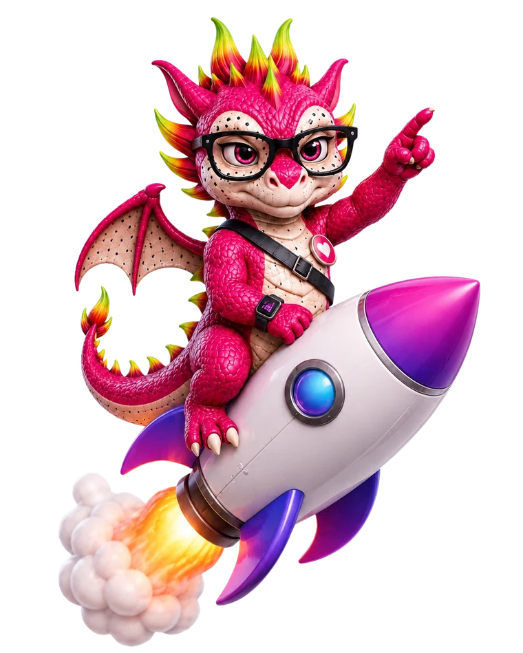 Mascote Hello Pitaya decolando em um foguete