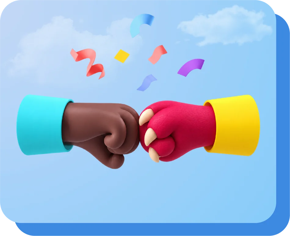 Ilustração em 3D de dois punhos se cumprimentando, com confete caindo num céu azul.