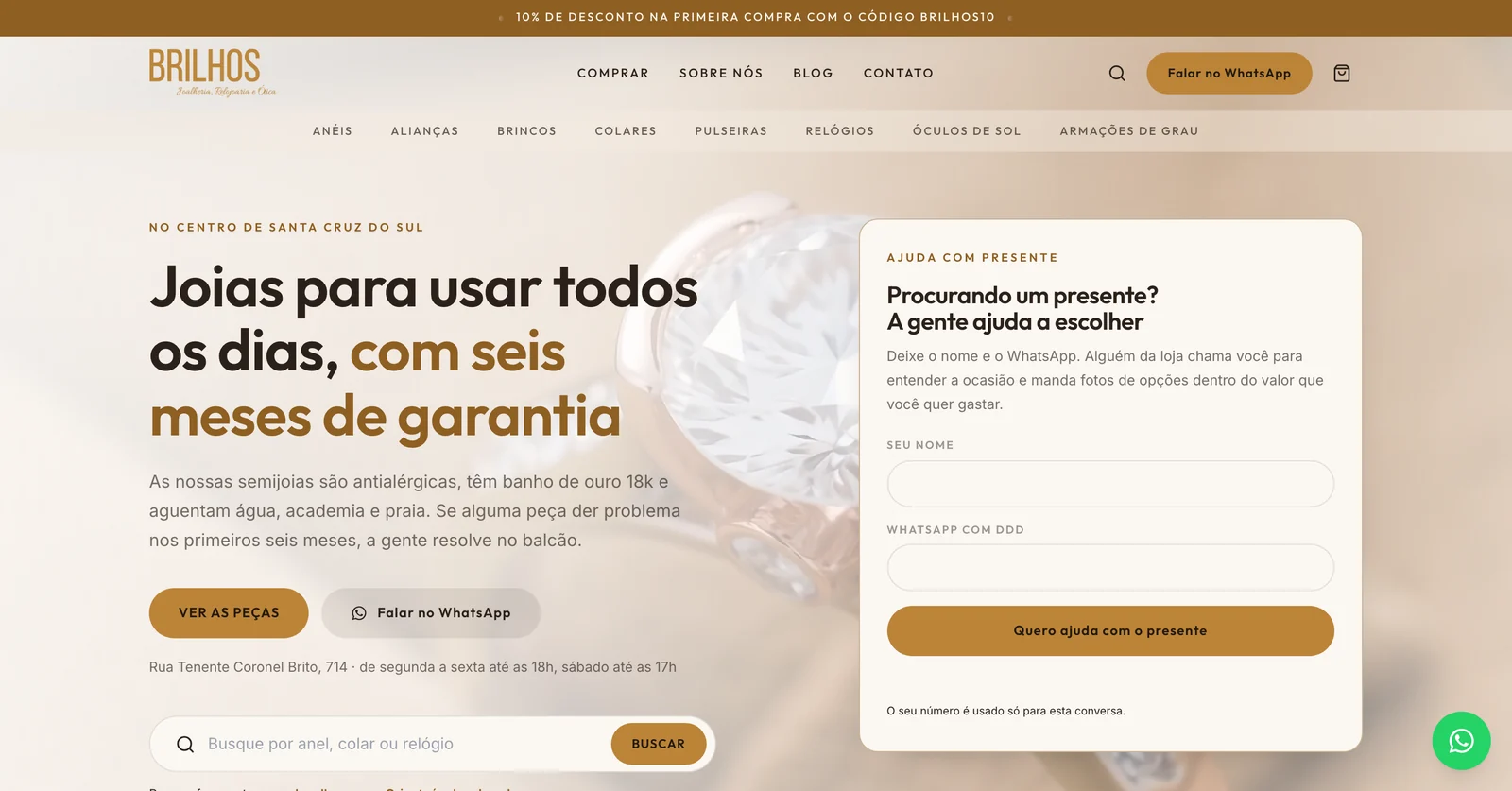 Página inicial do site da Brilhos Joalheria, com o título "Joias para usar todos os dias, com seis meses de garantia"