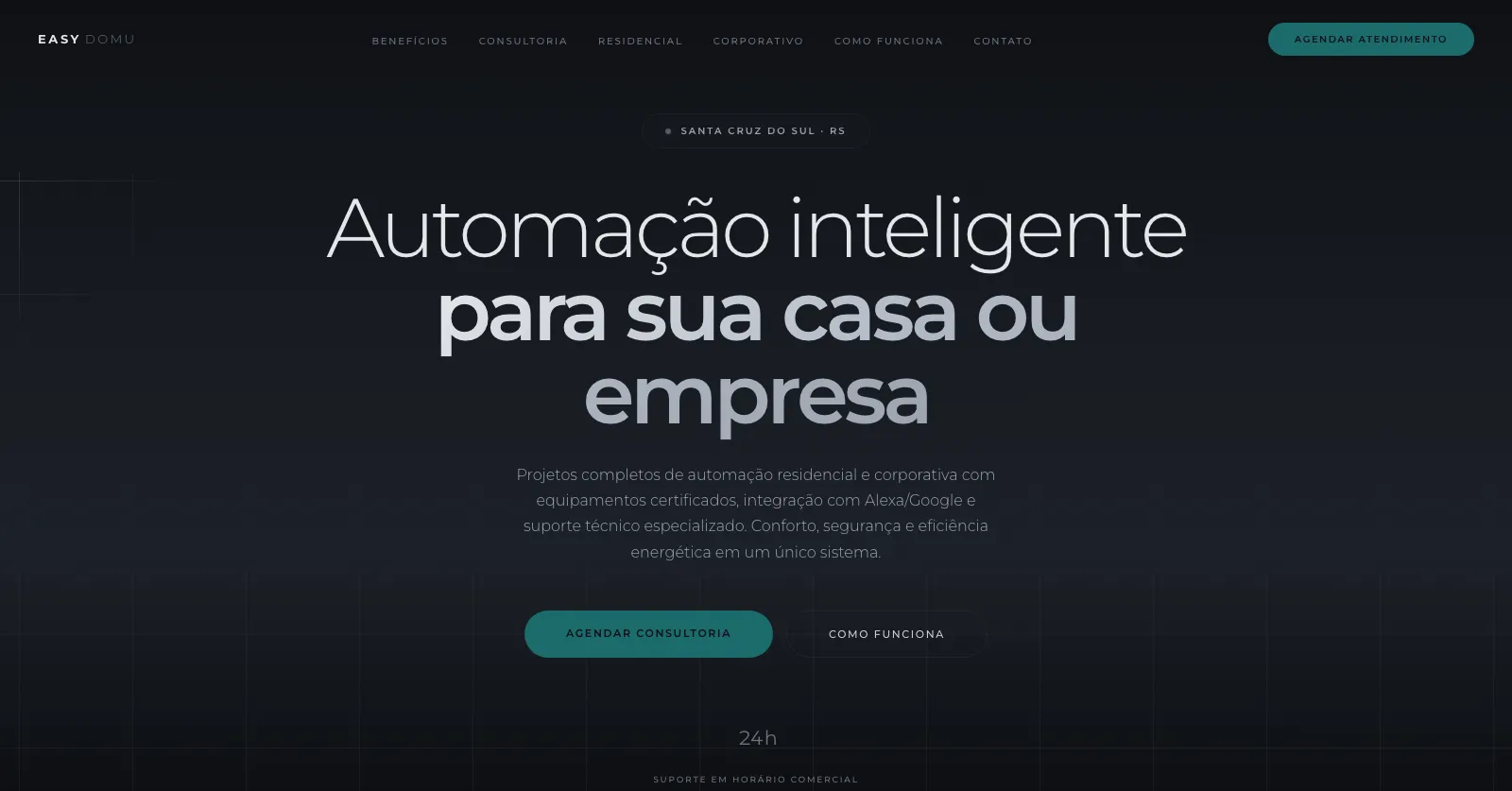 Página inicial do site da Easy Domu: fundo escuro com grade fina e o título "Automação inteligente para sua casa ou empresa"