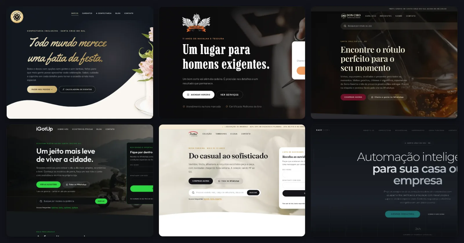 Composição com as páginas iniciais de seis sites feitos pela Hello Pitaya: Cake Box, Barbearia Kist, Don Ciro, iGotUp, Astha Confecções e Easy Domu